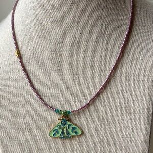 Artisan Moth Pendant Necklace with Purple Beads